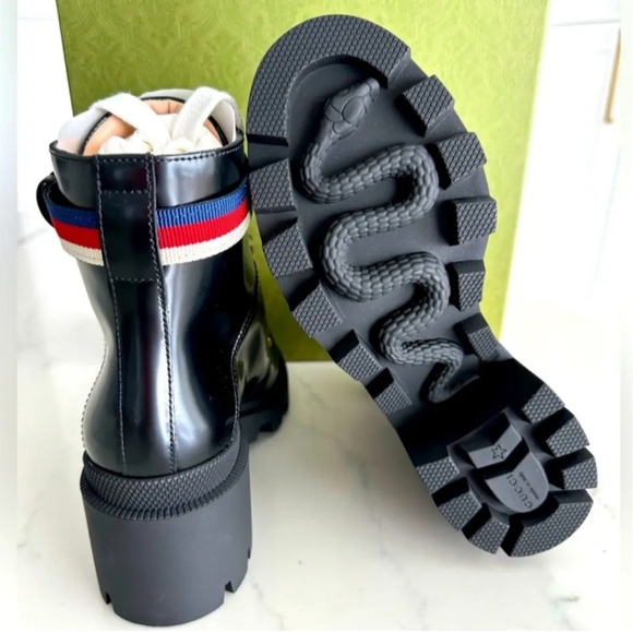 GUCCI SYLVIE WEB COMBAT BOOTS BLACK LEATHER - Picture 2 of 6